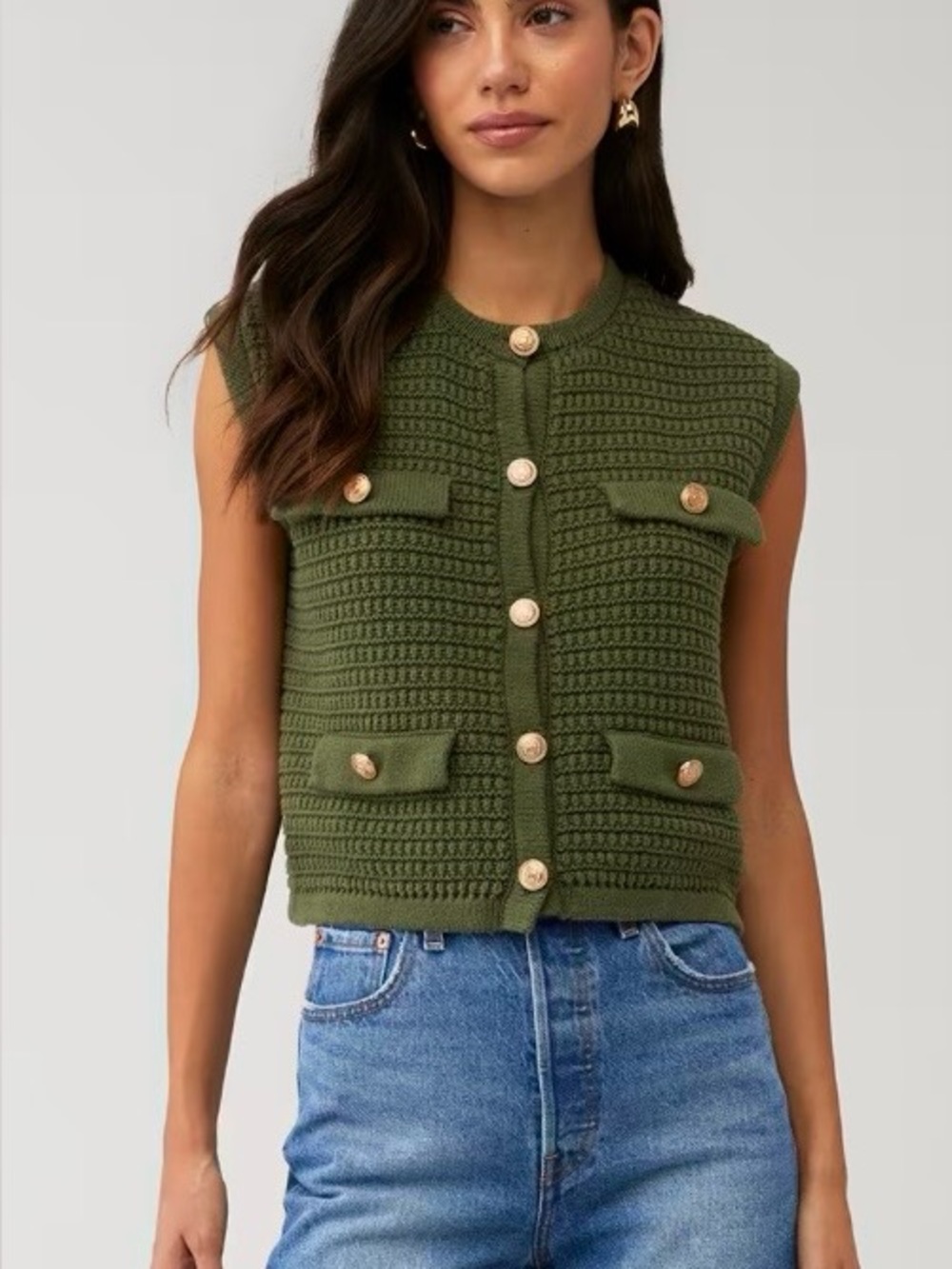 BLANKNYC Green Knit Sweater Vest Gold tone Buttons Nautical Academia Minimalist